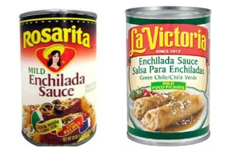 a can of rosarita mild enchilada sauce and la victoria green enchilada sauce