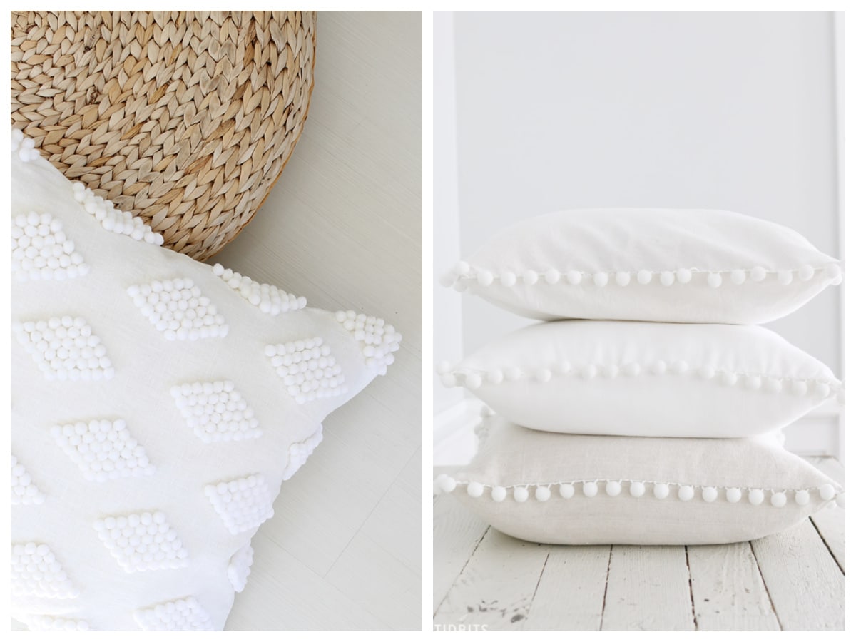 white pillows with pom poms