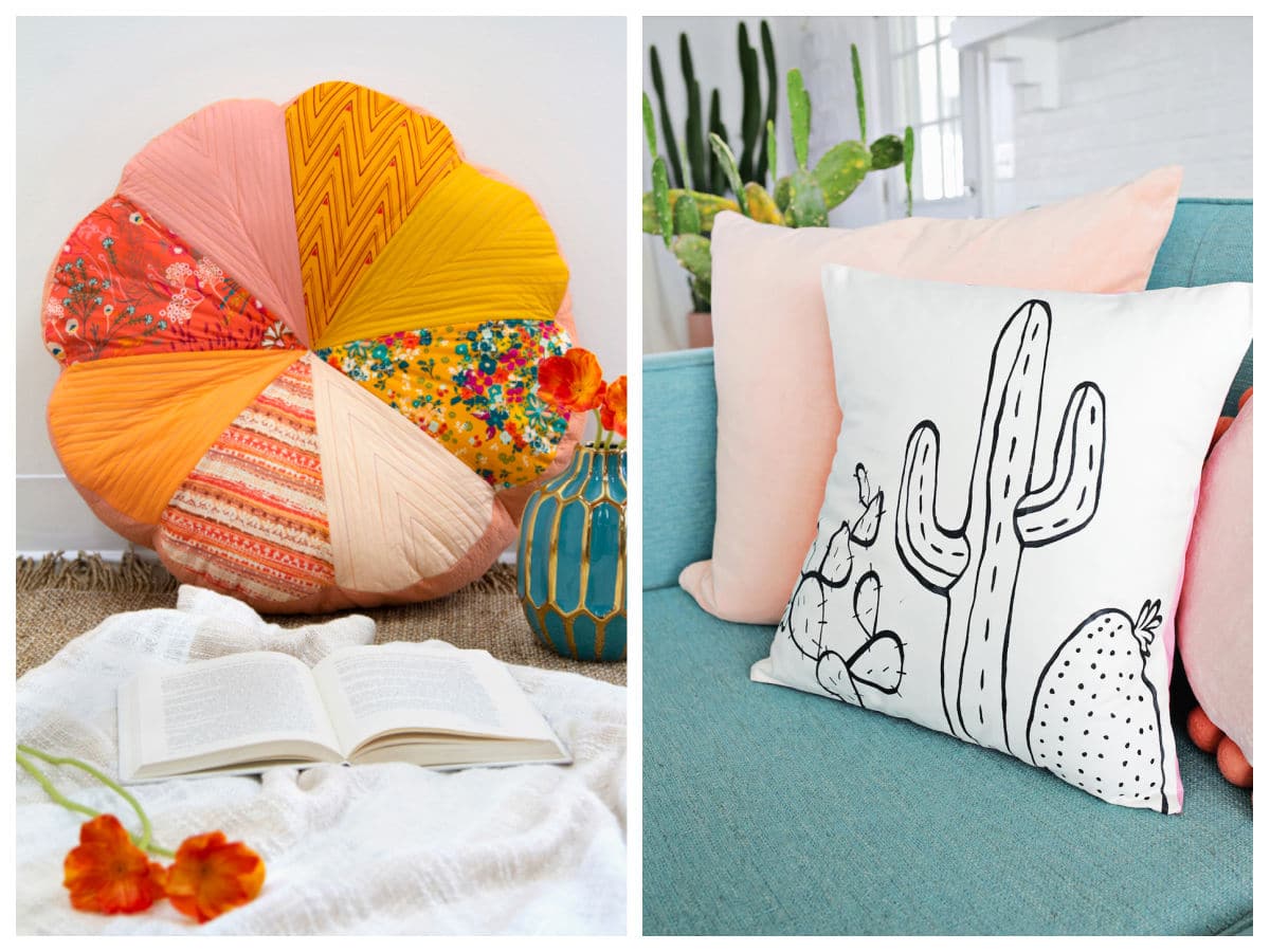 round patchwork pillow next to a square pillow with a cactus on it