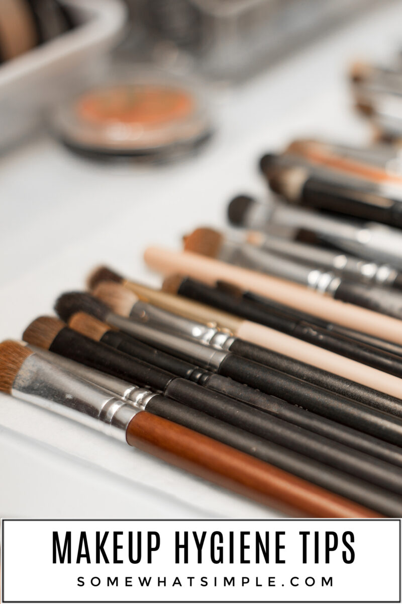 long image of makeup brushes laid out in a line with text over it that says "makeup hygiene tips"