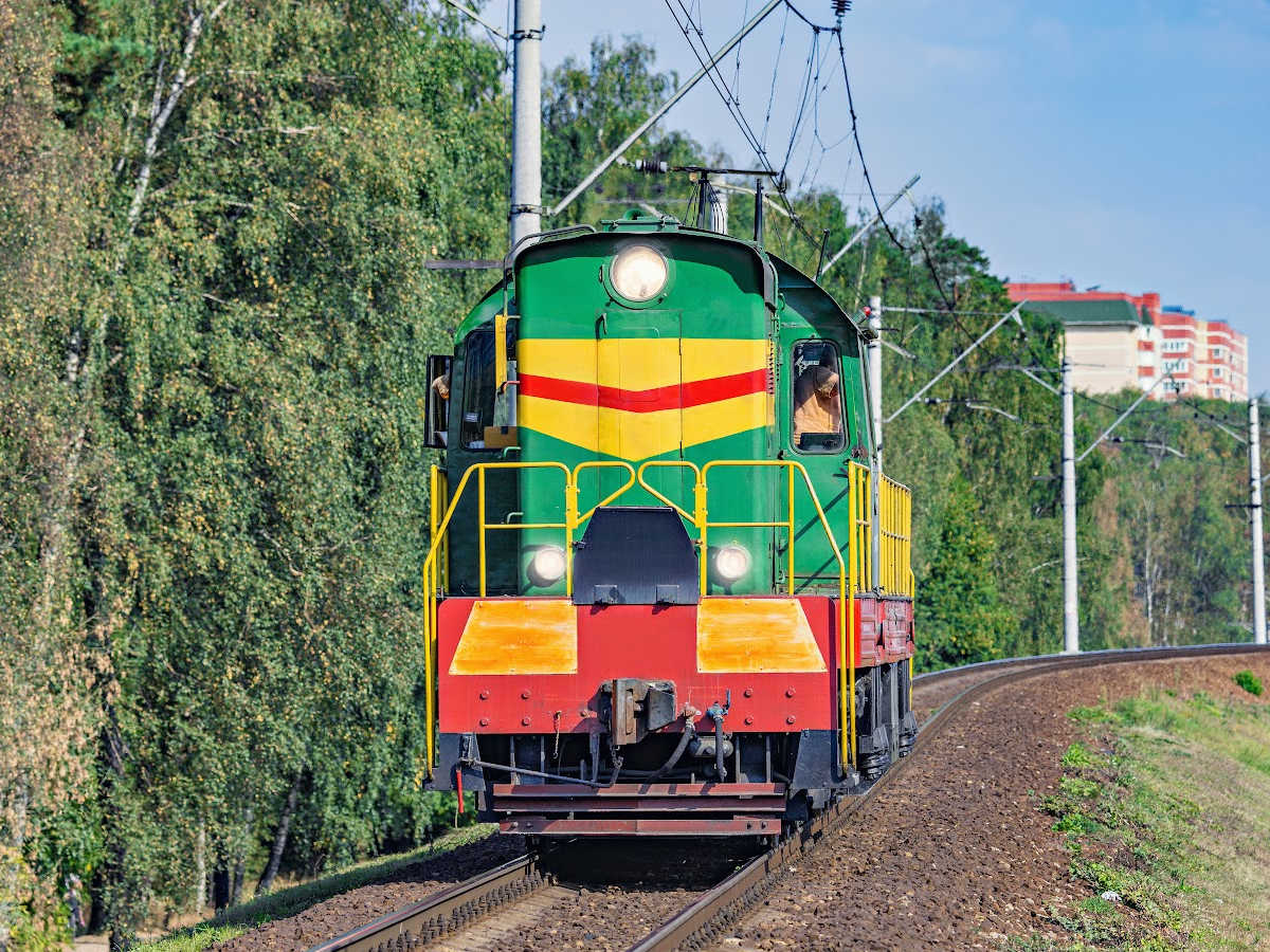 green yellow and red train on the tracks by a wall of ivy