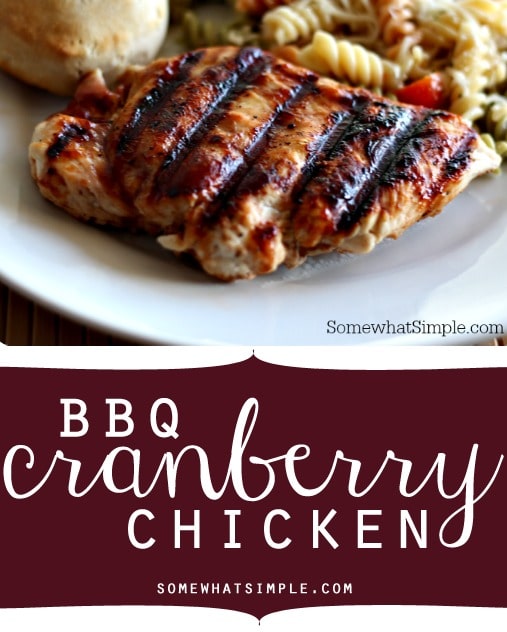 Deliciously sweet and tangy, this BBQ Cranberry Chicken is made with 3 just ingredients and could not be easier to make! #chickenrecipe #chickendinner #easychicken #dinneridea #BBQ via @somewhatsimple