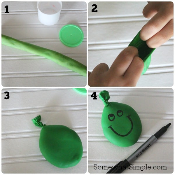 a 4 step picture collage showing each step in the process of making a stress ball using a balloon