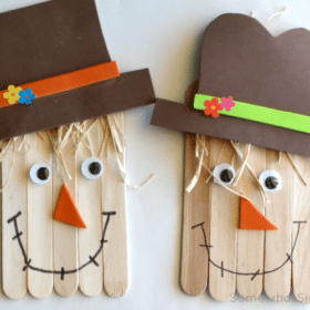 two scarecrow crafts made with popsicle sticks and raffia