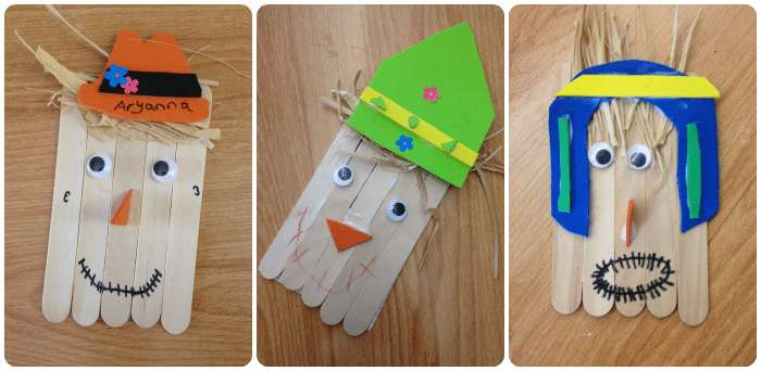 three different scarecrow art projects made by kids