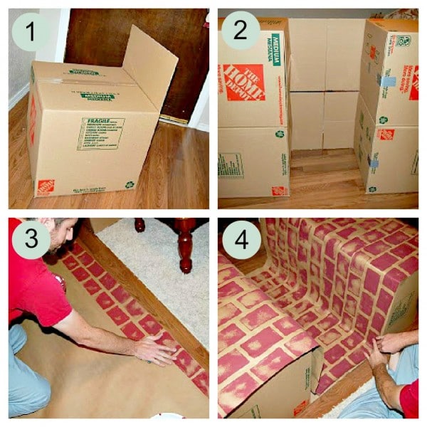 step by step pictures for making a DIY cardboard fireplace