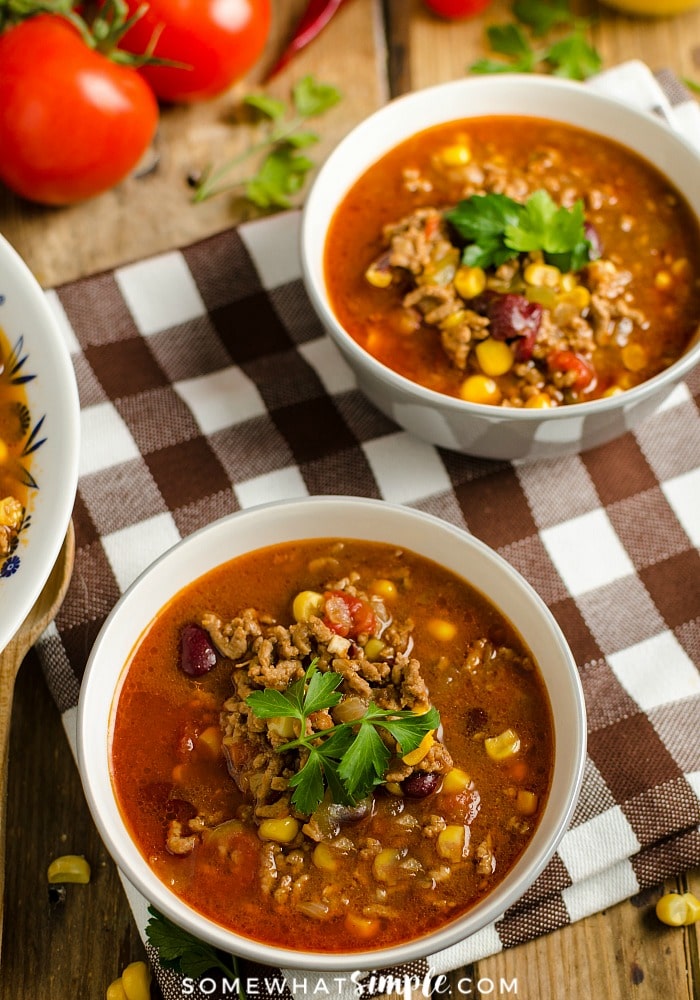 bowls of taco soup that was made in a slow cooker