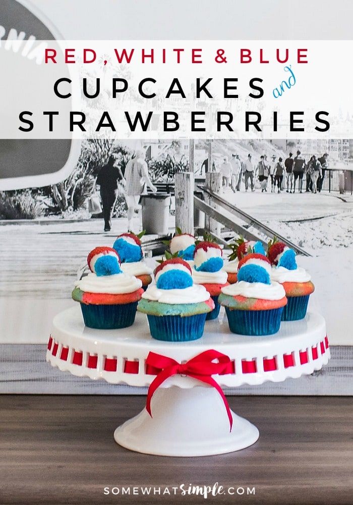 These red, white and blue cupcakes are a perfect way to celebrate the 4th of July or Memorial Day. This patriotic recipe is super easy to make and they always turn out perfect. Plus, we have a video that makes it even easier! #4thofjulycupcakes #redwhitebluecupcakes #memorialdaydessert #easyredwhitebluecupcakes #july4thcupcakeideas #4thofjulydessertidea via @somewhatsimple