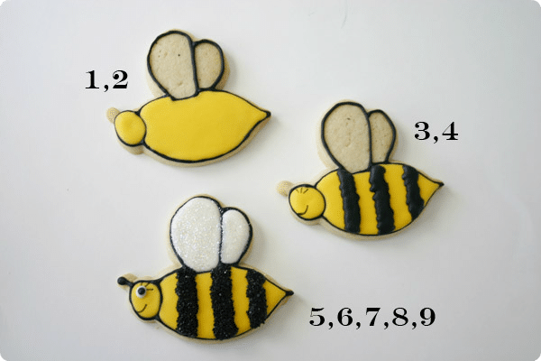 three sugar cookies in various stages showing how to make a bumble bee cookie