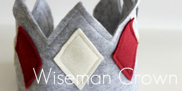 how to make a crown tutorial showing the finished grey felt crown with white and red felt diamonds