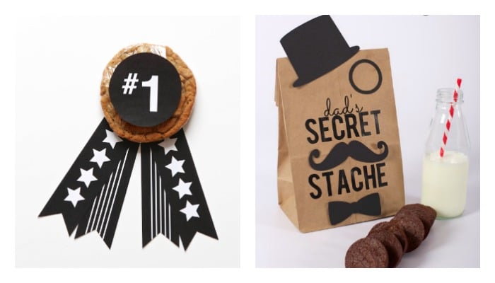 a number 1 ribbon and a brown paper bag with cookies that says dad's secret stache with an image of a mustache, hat and bow tie are cute DIY father's day gifts