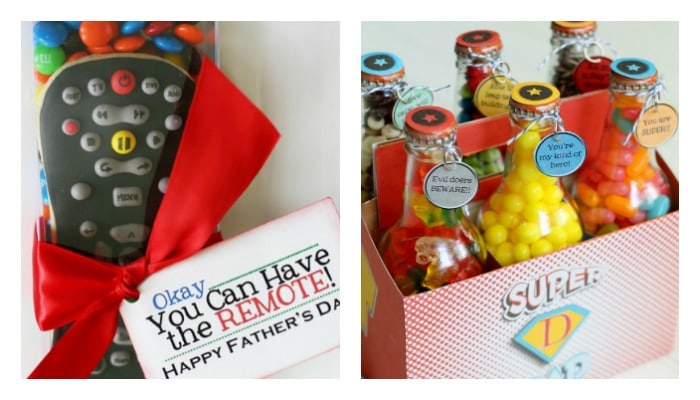 a tv remote cookie and soda bottles filled with dad's favorite candy make easy and inexpensive father's day gifts for dad or grandpa