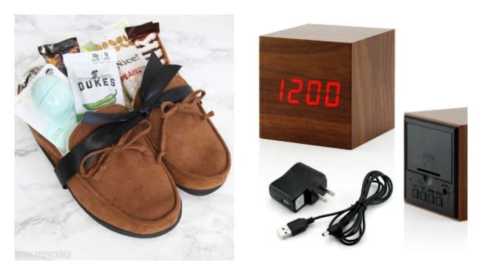 easy Fathers Day gift Ideas like slippers or an alarm clock