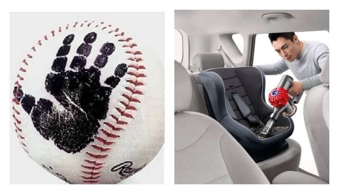 a hand print baseball and a car seat vacuum make a perfect Fathers Day gift for the first time Dad
