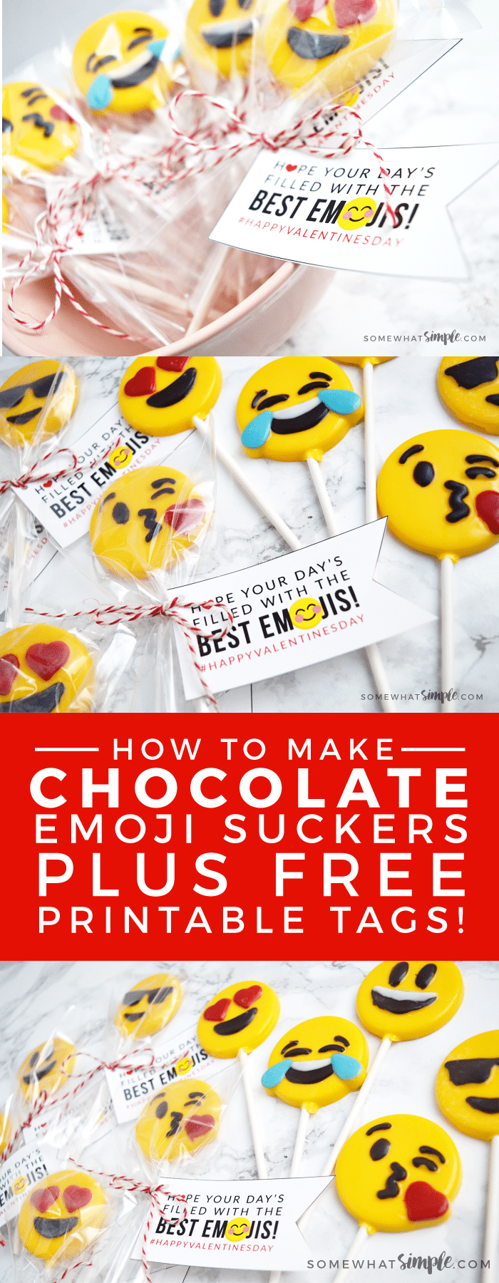 Chocolate Emoji Suckers + Free Printable Gift Tags! Making chocolate suckers is easier than you think! Learn how to make Chocolate Emoji Suckers, and grab our free printable tags to turn these into an adorable Valentine's gift! via @somewhatsimple