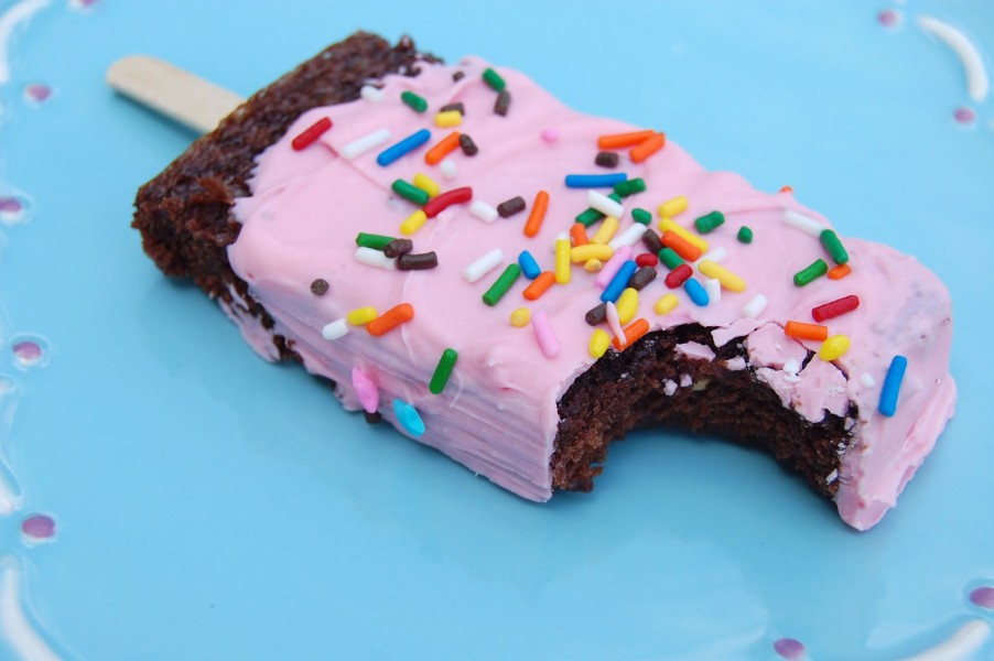 a brownie popsicle with a bite taken out