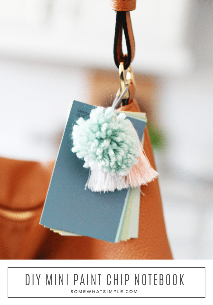 DIY Mini Paint Chip Notebook - We've got the most adorable simple project for you! These paint chip mini notebook pendants are the perfect idea if you're looking for something quick, inexpensive, easy, and most importantly, CUTE! via @somewhatsimple