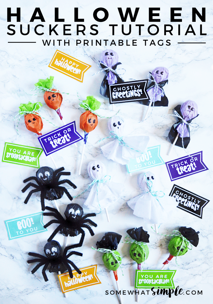 These Halloween Lollipops are about the cutest things! And SO easy to make! Dress them up to look like ghosts, vampires, jack-o-lanterns, spiders and Frankenstein with our sucker tags, and you've got a seriously darling Halloween treat! Plus they come with these adorable free printable tags so download your copy right now. via @somewhatsimple