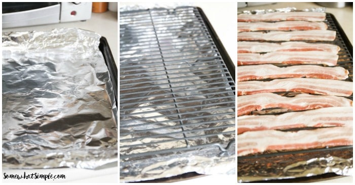 steps for cooking bacon the best way. a cookie sheet lined with aluminum foil with a cooling rack placed on top. place the bacon on top of the cooling rack