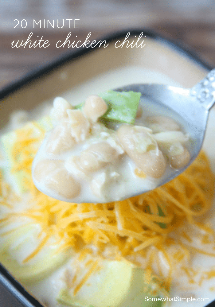 This white chicken chili recipe goes together in a snap, and it's so full of flavor that no one will guess it only took a few minutes to make. #whitechickenchili #chicken #dinner #soup #chili  via @somewhatsimple