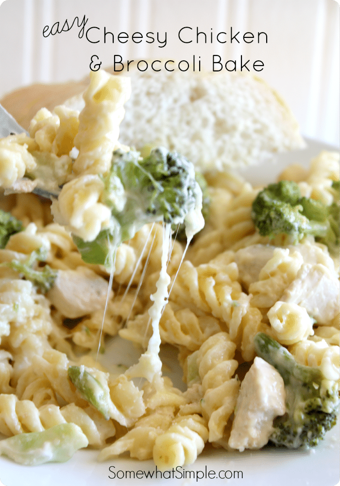 This cheesy chicken broccoli pasta casserole is the perfect recipe for a chaotic night.  Made with pasta, tender chicken, broccoli and loads of delicious cheese, this casserole will quickly become one of your family's favorite dinners! #broccolichickenpasta #broccolichickenpastabake #broccolichickenpastacasserole #broccolichickenpastarecipe #chickenbroccolicasserole via @somewhatsimple