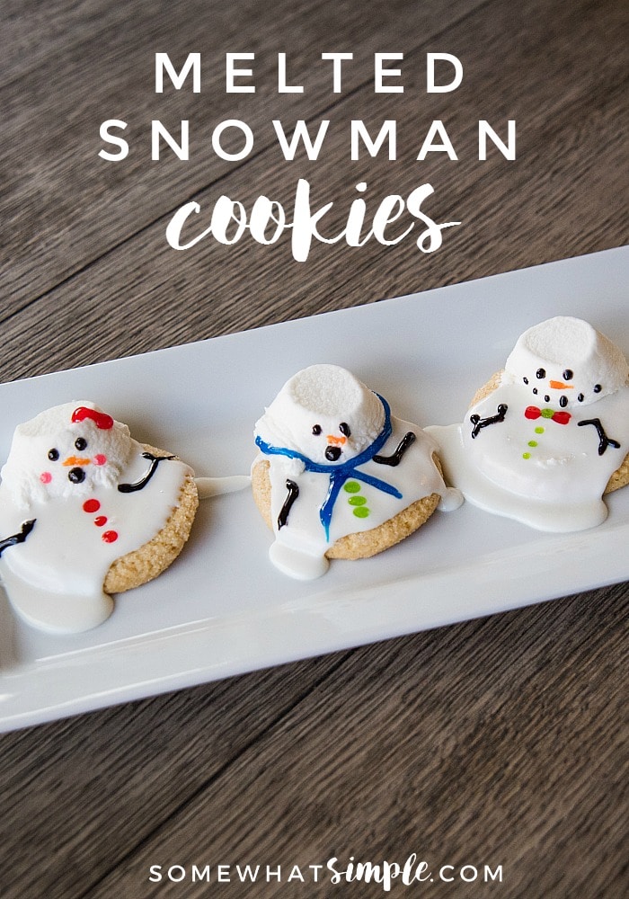 These melted snowman cookies are an easy winter treat your kids, coworkers, or party guests will LOVE! Made with sugar cookies and decorated to look like snowmen melting in the sun, these cookies will be a hit all winter long. #meltedsnowmancookies #christmascookies #easymeltedsnowmancookierecipe #meltedsnowmansugarcookies #holidaycookies via @somewhatsimple