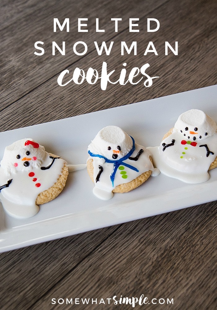 These melted snowman cookies are an easy winter treat your kids, coworkers, or party guests will LOVE!  These are some of my favorite cookies to make during the Christmas season. Made with sugar cookies and decorated to look like snowmen melting in the sun, these cookies will be a hit all winter long. via @somewhatsimple