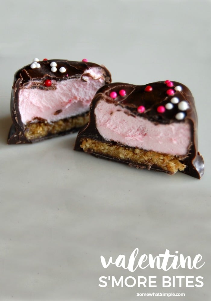 These Valentine S'more Bites are a delicious treat that are super simple to make!  These are super easy to make and require only 4 simple ingredients. #valentinesmores #valentinessmoresrecipe #easyvalentinesmores #valentinesdaydessert via @somewhatsimple