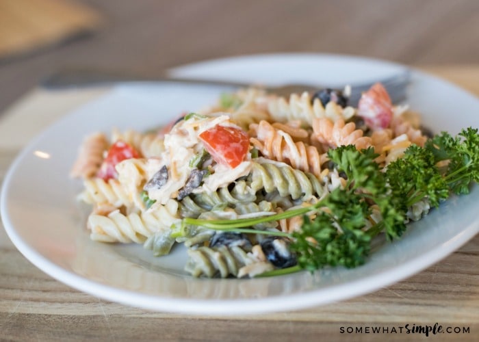 a tri-colored pasta salad made with Italian dressing