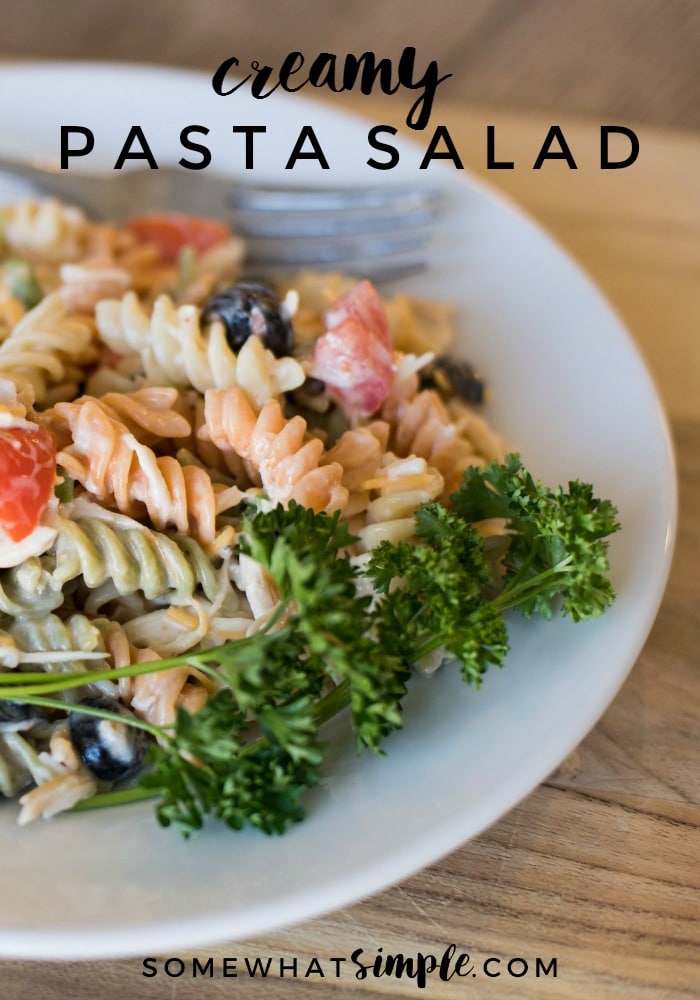 This delicious pasta salad recipe made with Italian dressing has quickly become a family favorite! It is one of the easiest recipes to make and the flavor is amazing!  Simply cook the pasta and toss in a few basic ingredients and you're ready to go. #pastasaladrecipe #bbqrecipe #sidedish #bestpastasalad #pastasaladitaliandressing via @somewhatsimple