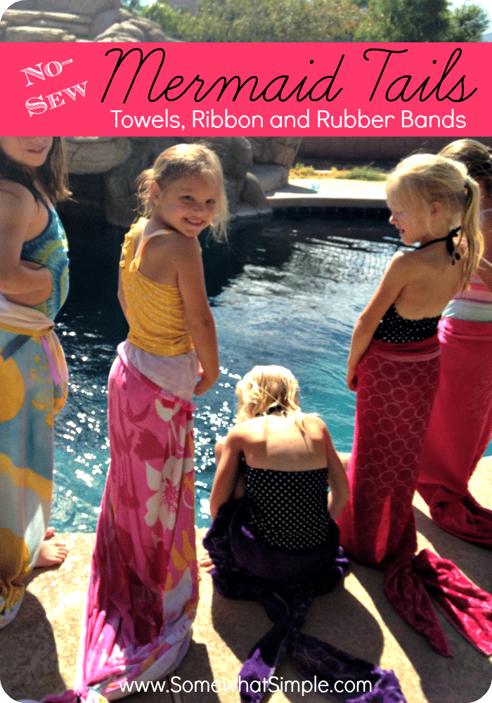 Make your own mermaid tails out of a beach towel in just a few easy steps. These are perfect for a mermaid themed pool party! via @somewhatsimple
