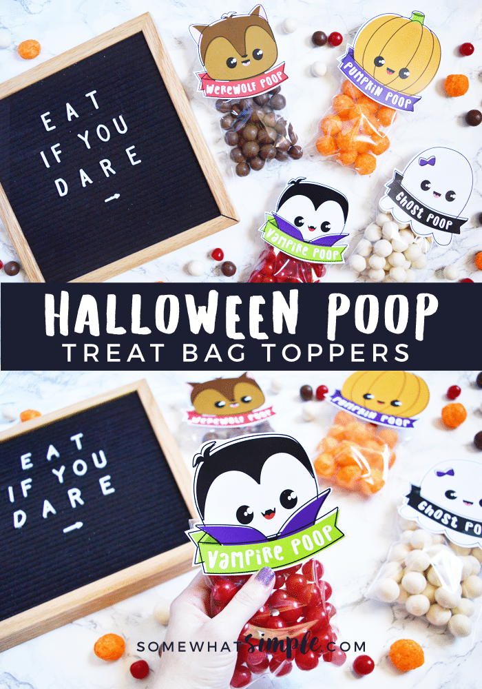 Here's a hilarious Halloween treat or snack idea that kids of all ages will absolutely love: Halloween Poop! With 4 darling designs, everyone will love getting one of these treat bags. They're perfect for handing out at school, a Halloween party or to trick or treaters on Halloween night. via @somewhatsimple