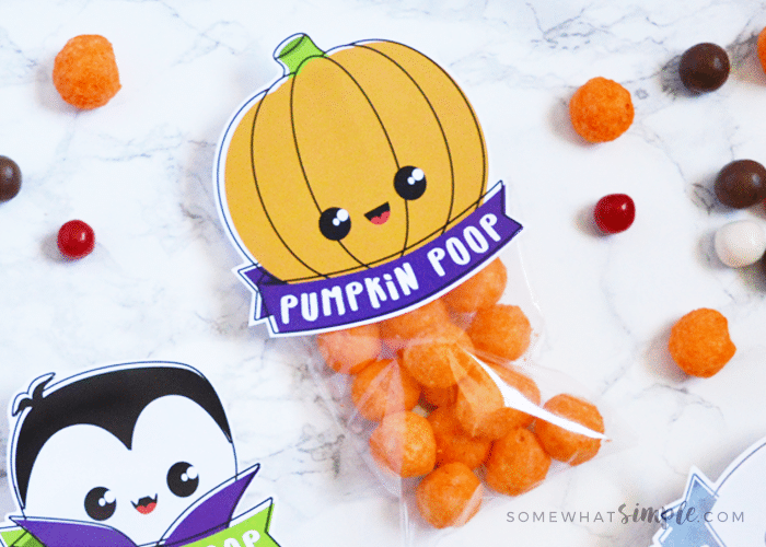 a treat bag with a pumpkin poop topper attached