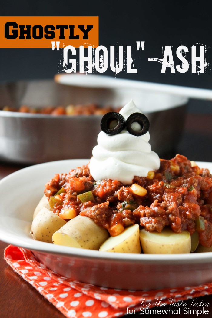 A favorite fall comfort food with a Halloween twist! This easy goulash recipe whips up in 30 minutes or less and can feed a crowd! via @somewhatsimple