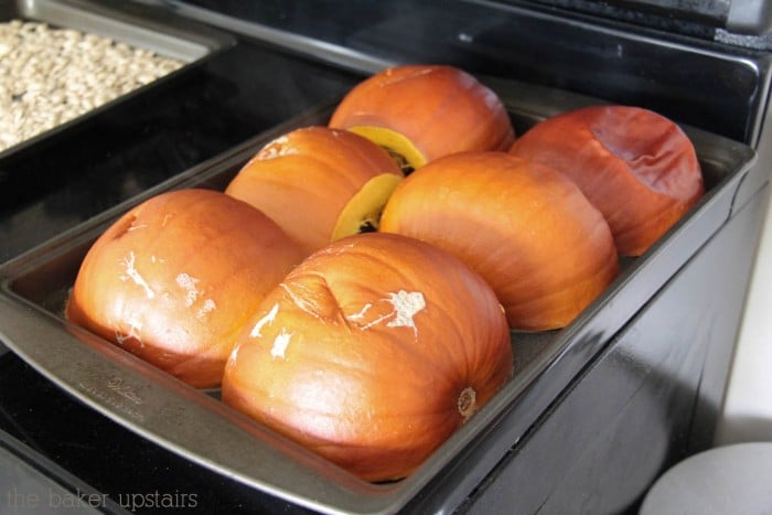 several baked pumpkin halves face down on a baking sheet