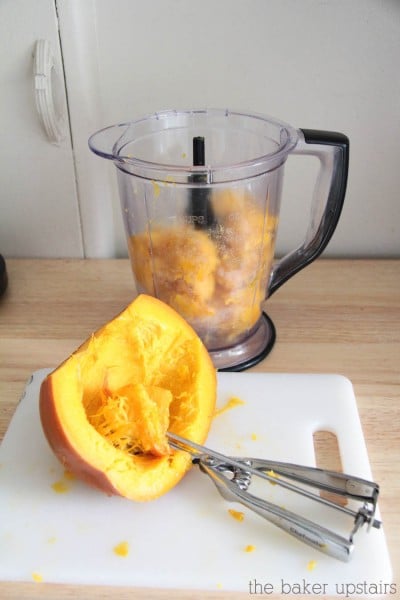 the insides of a pumpkin being hallowed out and placed in a blender