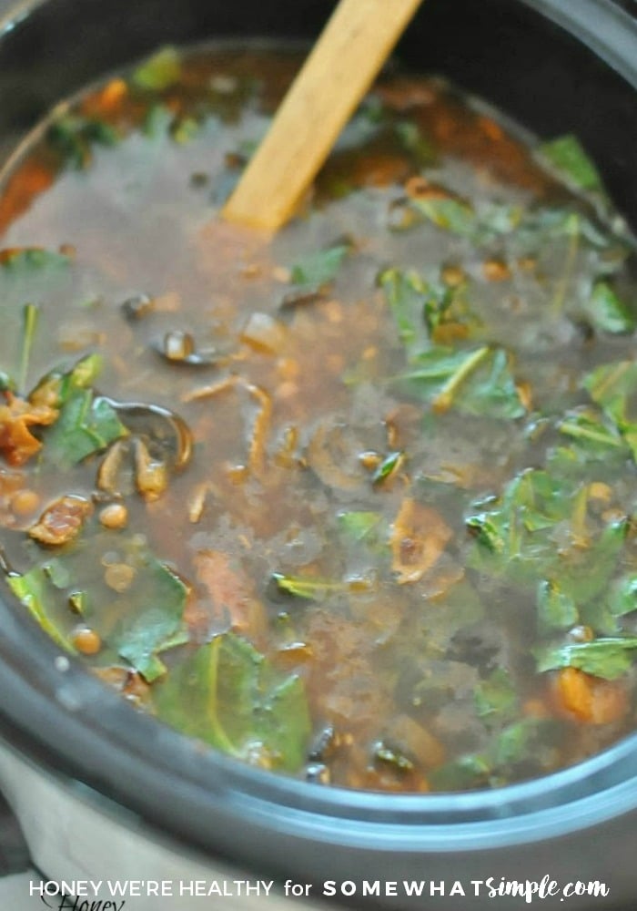 a crock pot filled with lentil soup that has been cooking for hours