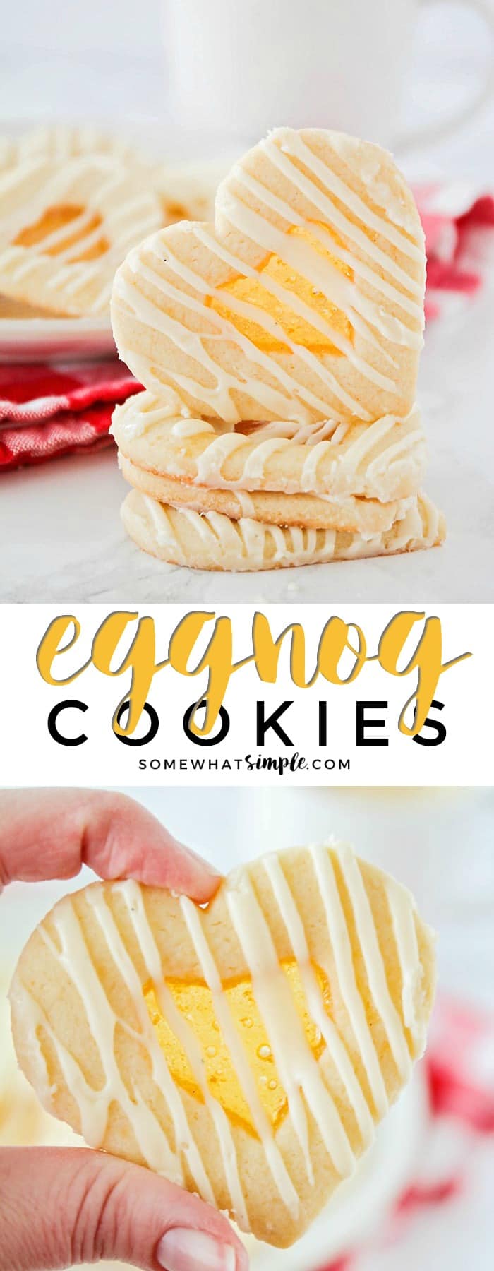 How to make eggnog cookies with a crunchy butterscotch center and a delicious eggnog candy drizzle. These cookies are DELICIOUS!!! via @somewhatsimple