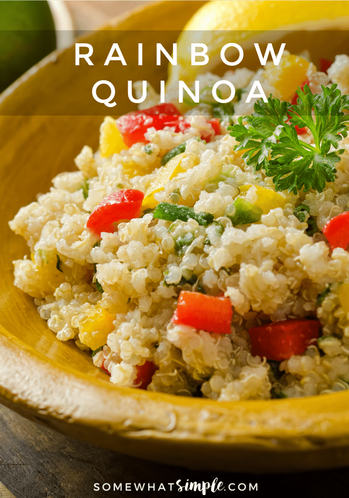 Wholesome, healthy eating doesn't have to be a challenge or take up too much time! This delicious rainbow quinoa is versatile, healthy and super easy to make! via @somewhatsimple