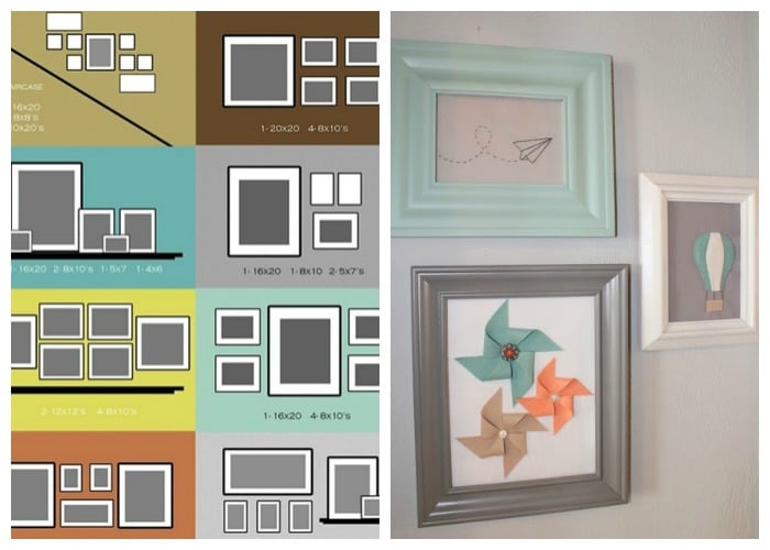 different patterns showing how to decorate a blank wall with pictures. Another Wall Collage Idea will framed pictures of different paper origami shapes
