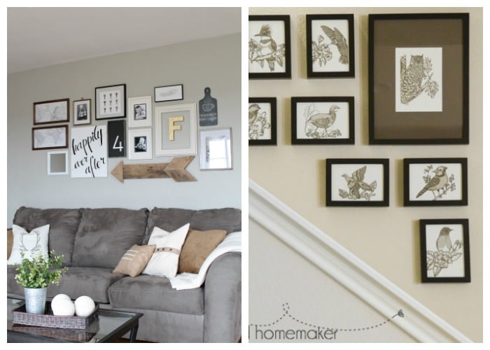 a Wall Collage Idea in a living room and another picture collage idea on a wall going up the stairs