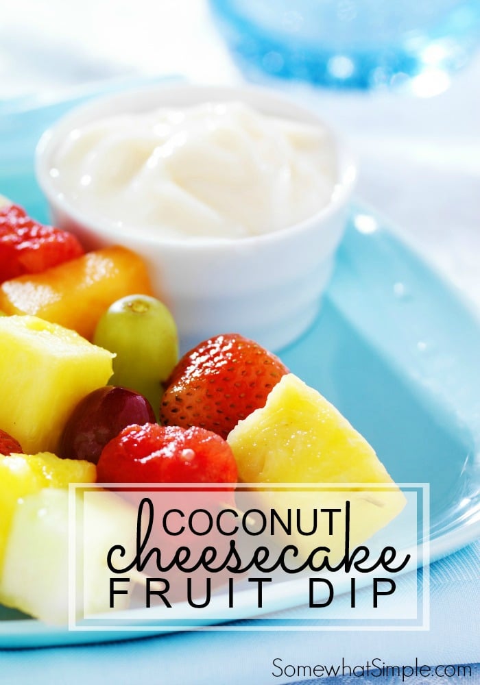 This coconut cheesecake dip is a delicious appetizer to serve at a party. via @somewhatsimple