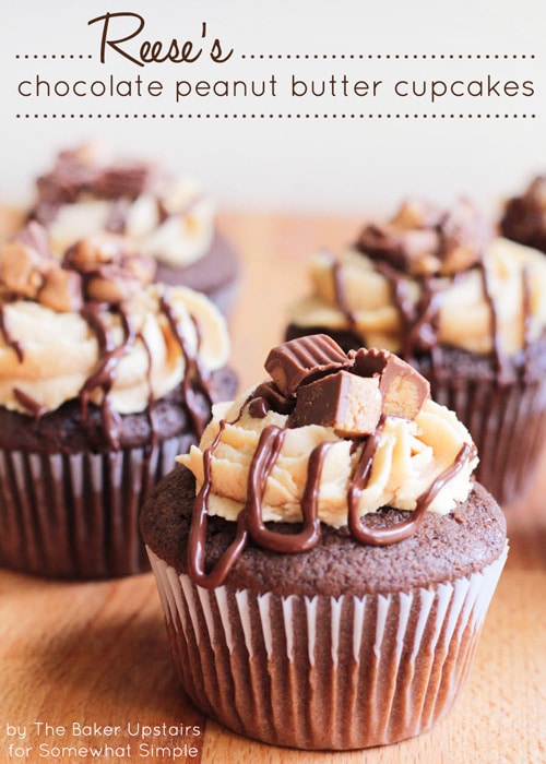 four Reese's Cupcakes topped with chocolate icing, vanilla frosting and chunks of Reese's peanut butter cups