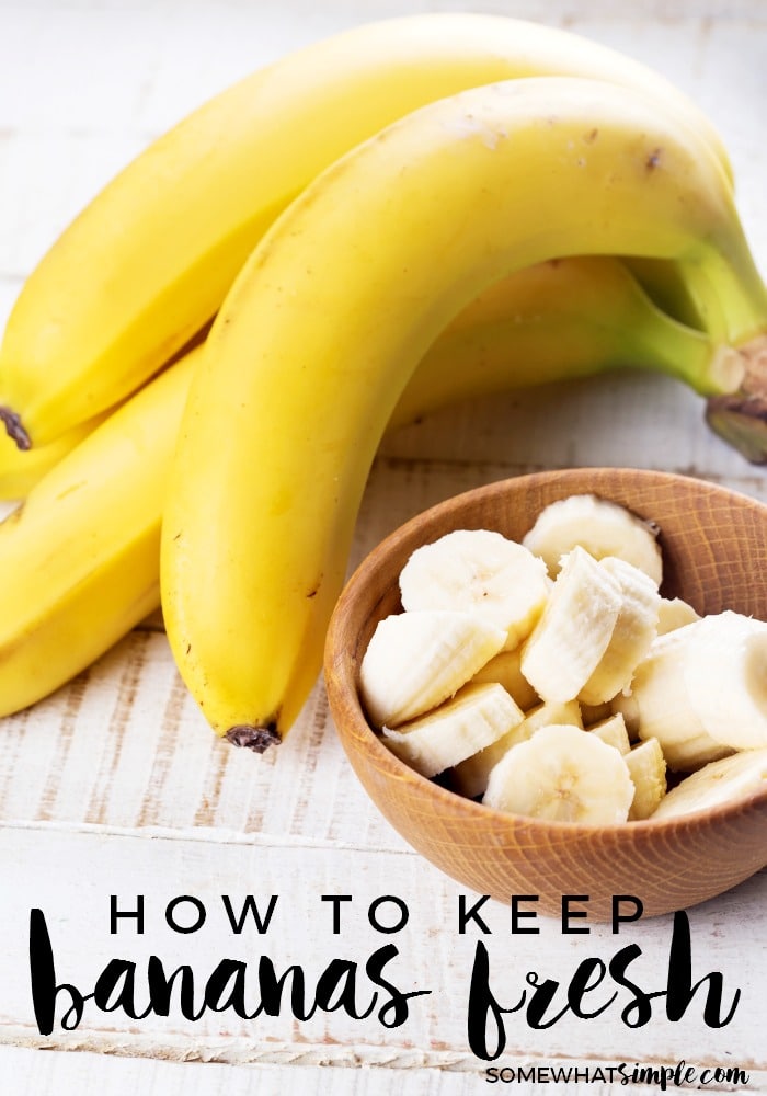 A simple tip on how to keep bananas fresh longer that really works! This simple kitchen hack is super easy and can help keep your bananas from getting too ripe before you use them. #howtokeepbananasfresh #keepbananasfreshlonger #keepingbananasfreshlonger #howtokeepbananasfresh #freshbananashack via @somewhatsimple
