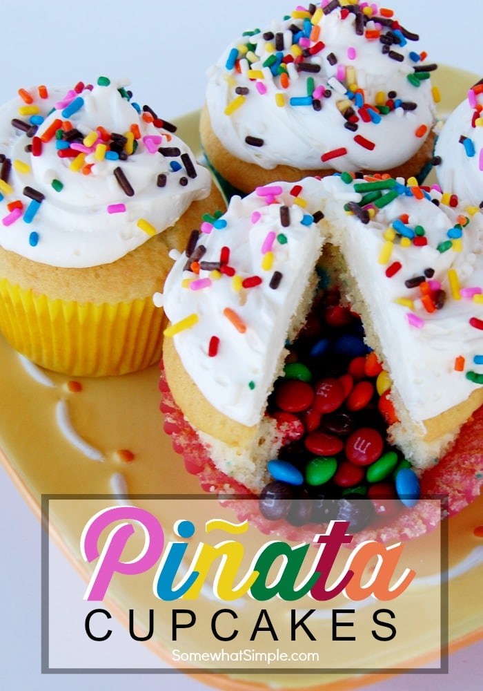 These Piñata Cupcakes are a fun dessert idea that your guests will love! They're easy to make and everyone will be talking about them. Filled with your favorite candy, these are guaranteed to be a huge hit! #dessert #cupcakes #dessertrecipe #pinatacupcakes #diypinatacupcakes #howtomakepinatacupcakes #cincodemayo via @somewhatsimple