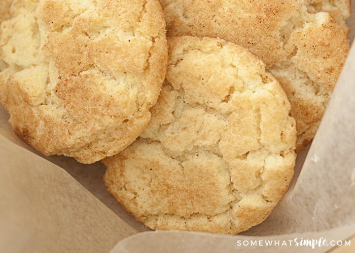 A close up of three soft snickerdoodle cookies topped with cinnamon and sugar with in a container lined with parchment paper