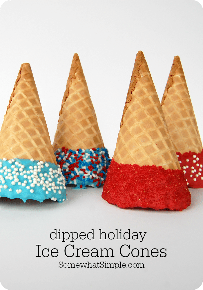 Get ready for the 4th of July, Memorial Day or any other patriotic celebration with these delicious and festive dipped ice cream cones.  They're easy to make so you can quickly serve a crowd! via @somewhatsimple