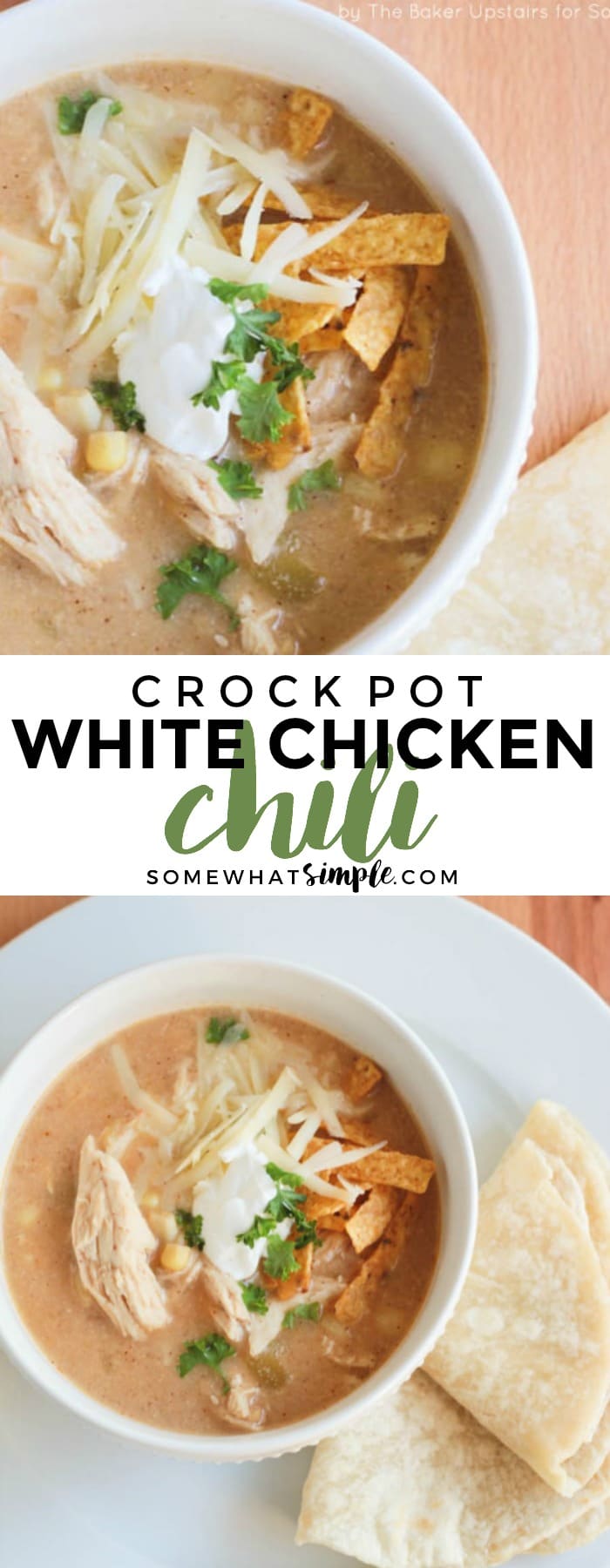 This slow cooker white chicken chili is the perfect dinner for a chilly day… it's delicious comfort food at its best!