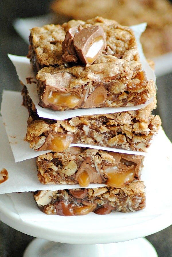 a stack of rolo cookie bars made with this easy recipe