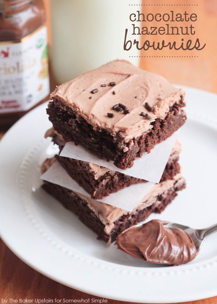 Chocolate hazelnut brownies, with an irresistible homemade frosting, are a delicious dessert that will satisfy any chocolate lover. The brownies are fudgy and delicious while the homemade hazelnut frosting is unlike anything you've ever tried. Go ahead and give these a shot and you can thank me later. via @somewhatsimple